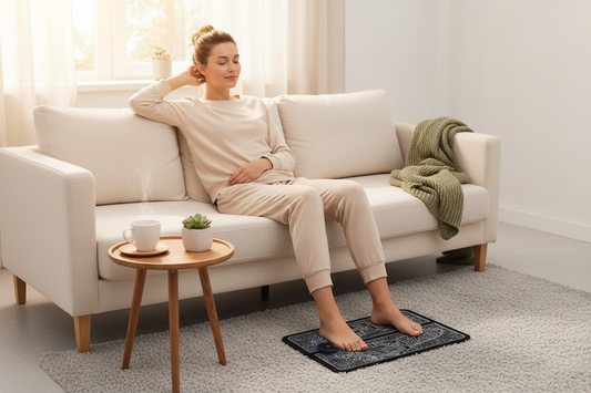 Person relaxing on sofa with foot massager - full scene
